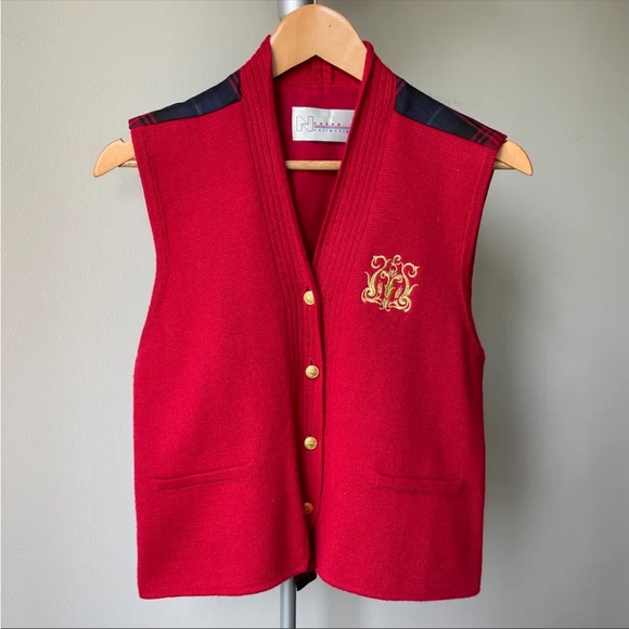 Vintage Wool Red Vest with Tartan Back Gold Button - Picture 2 of 7